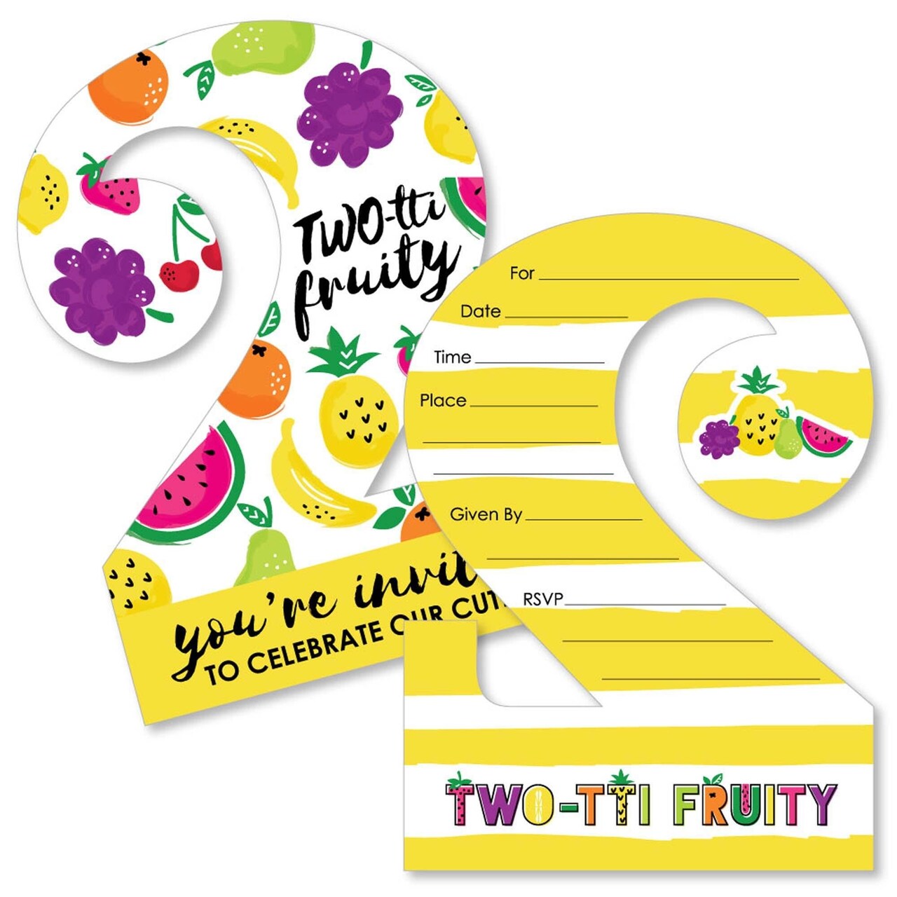 Big Dot of Happiness Two-tti Fruity - 2nd Birthday - Shaped Fill-in Invites - Summer Second Birthday Party Invitation Cards with Envelopes - Set of 12